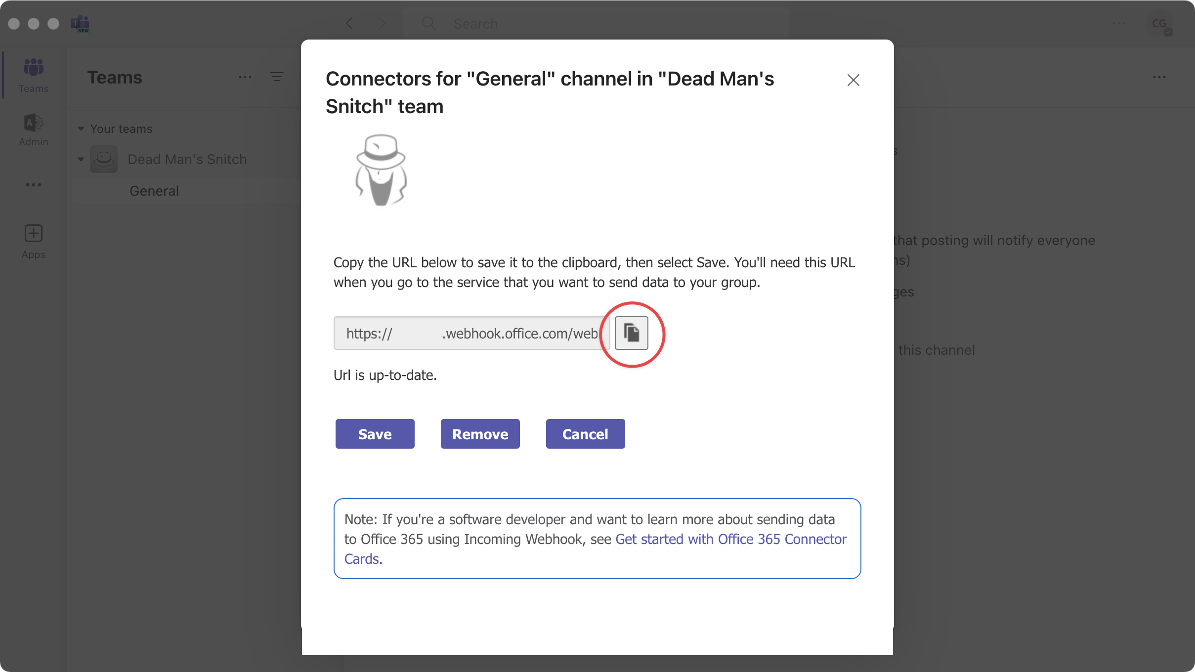 Screenshot of Microsoft Teams Incoming Webhook Connector settings page with a circle around the copy url icon