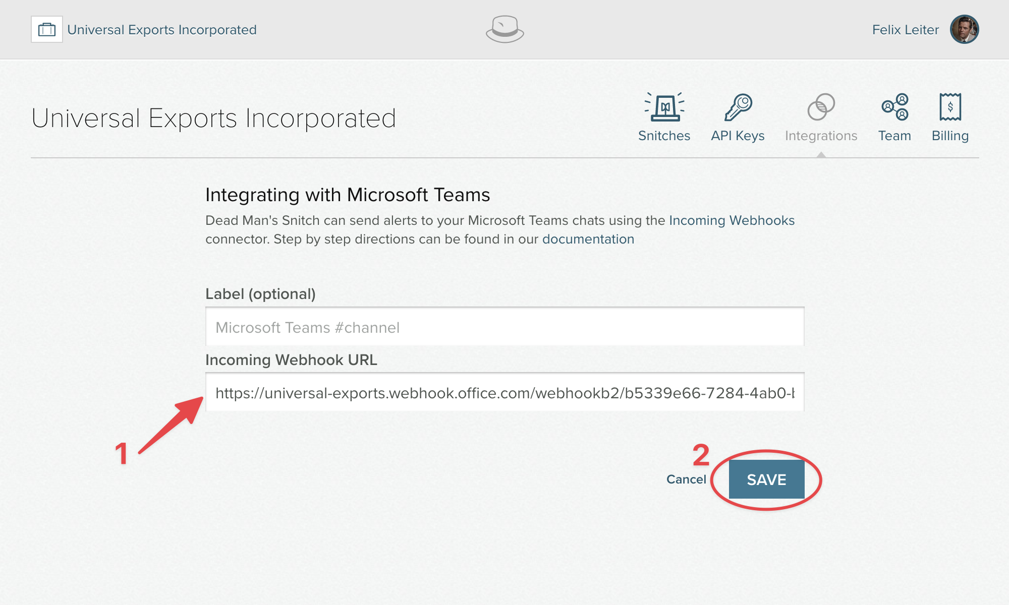 Screenshot of the Dead Man's Snitch page for creating a new Microsoft Teams integration with highlights on the incoming webhook field and save button